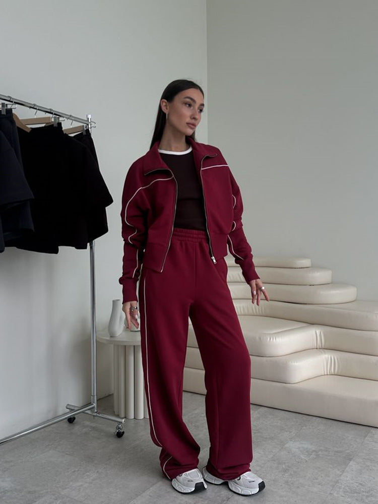 Ensemble décontracté : manteau pull zippé à manches longues et pantalon à rayures avec taille élastiquée
