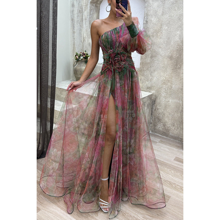 Robe longue élégante asymétrique à une manche