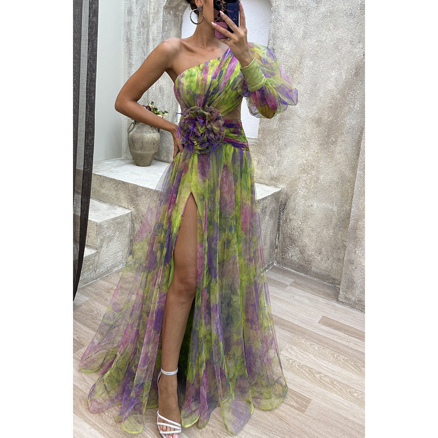 Robe longue élégante asymétrique à une manche