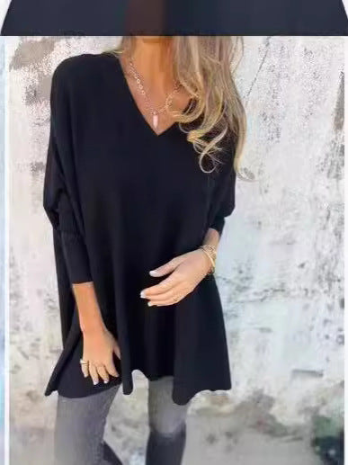 Chemise longue à manches longues tricotée col en V