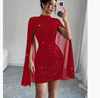 Robe à col roulé imprimé brillant manches lanterne jupe à la hanche