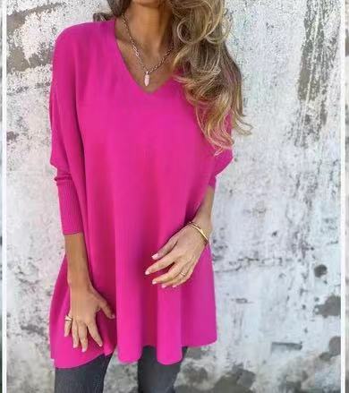 Chemise longue à manches longues tricotée col en V