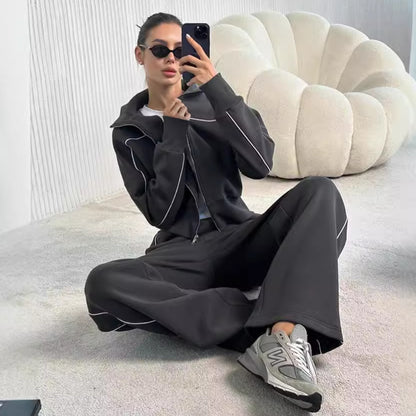 Ensemble décontracté : manteau pull zippé à manches longues et pantalon à rayures avec taille élastiquée