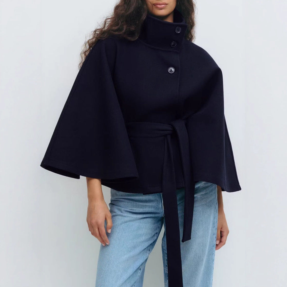 Manteau cape élégante de couleur unie à col montant pour femmes automne