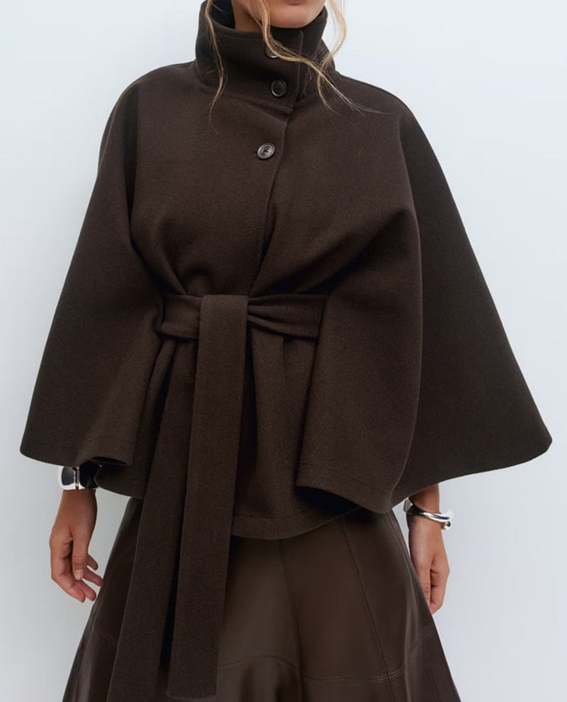 Manteau cape élégante de couleur unie à col montant pour femmes automne