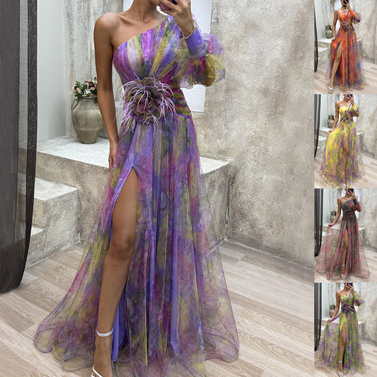 Robe longue élégante asymétrique à une manche