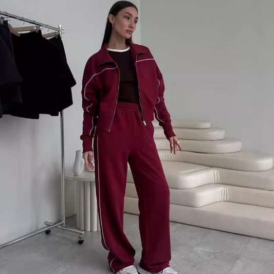 Ensemble décontracté : manteau pull zippé à manches longues et pantalon à rayures avec taille élastiquée