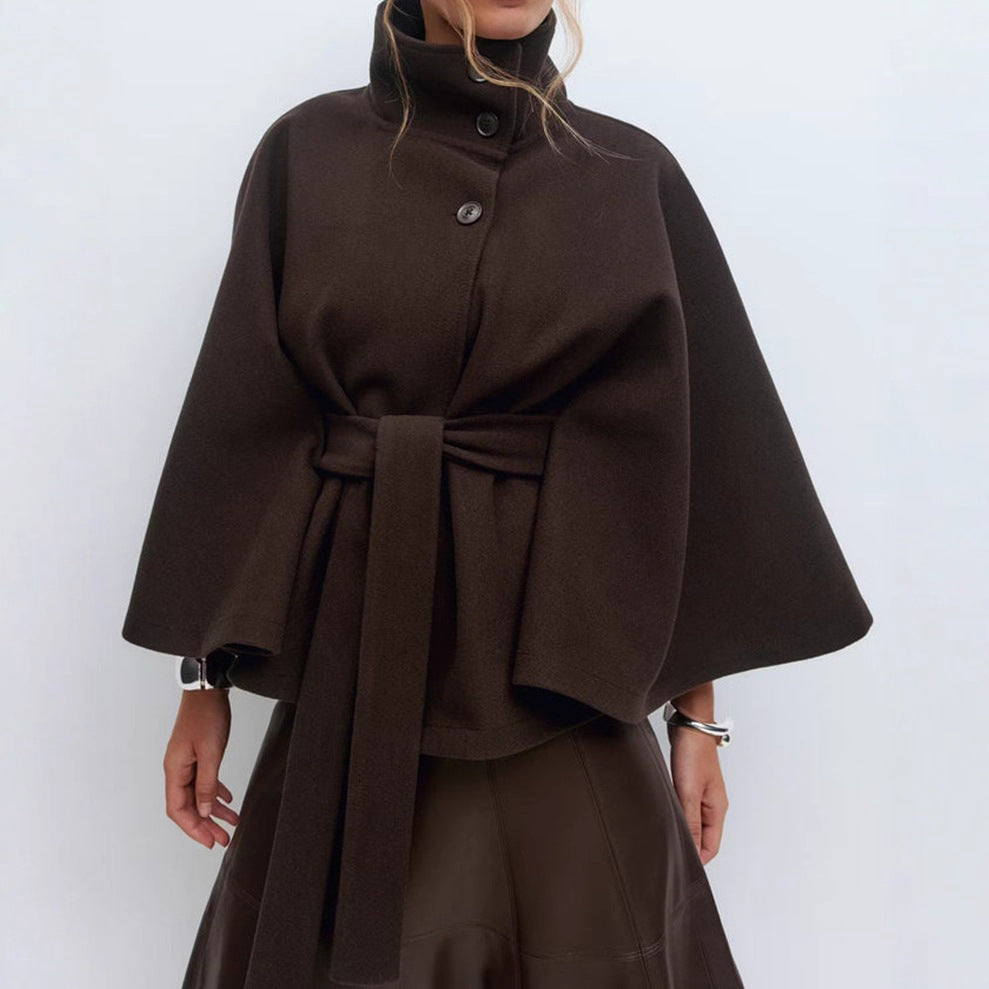 Manteau cape élégante de couleur unie à col montant pour femmes automne