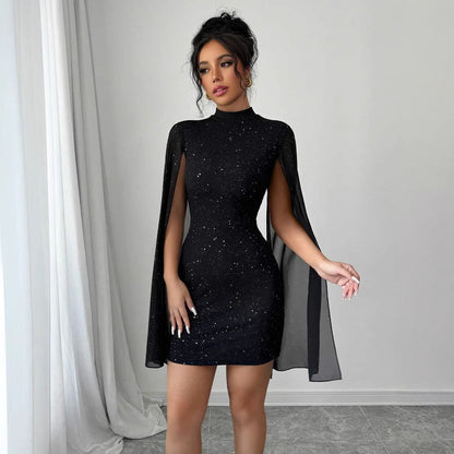 Robe à col roulé imprimé brillant manches lanterne jupe à la hanche