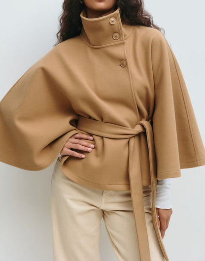 Manteau cape élégante de couleur unie à col montant pour femmes automne