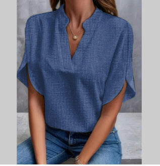 Chemise Femme à Col en V et Manches Courtes
