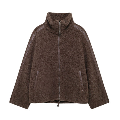 Manteau en laine d'agneau à col roulé pour femmes