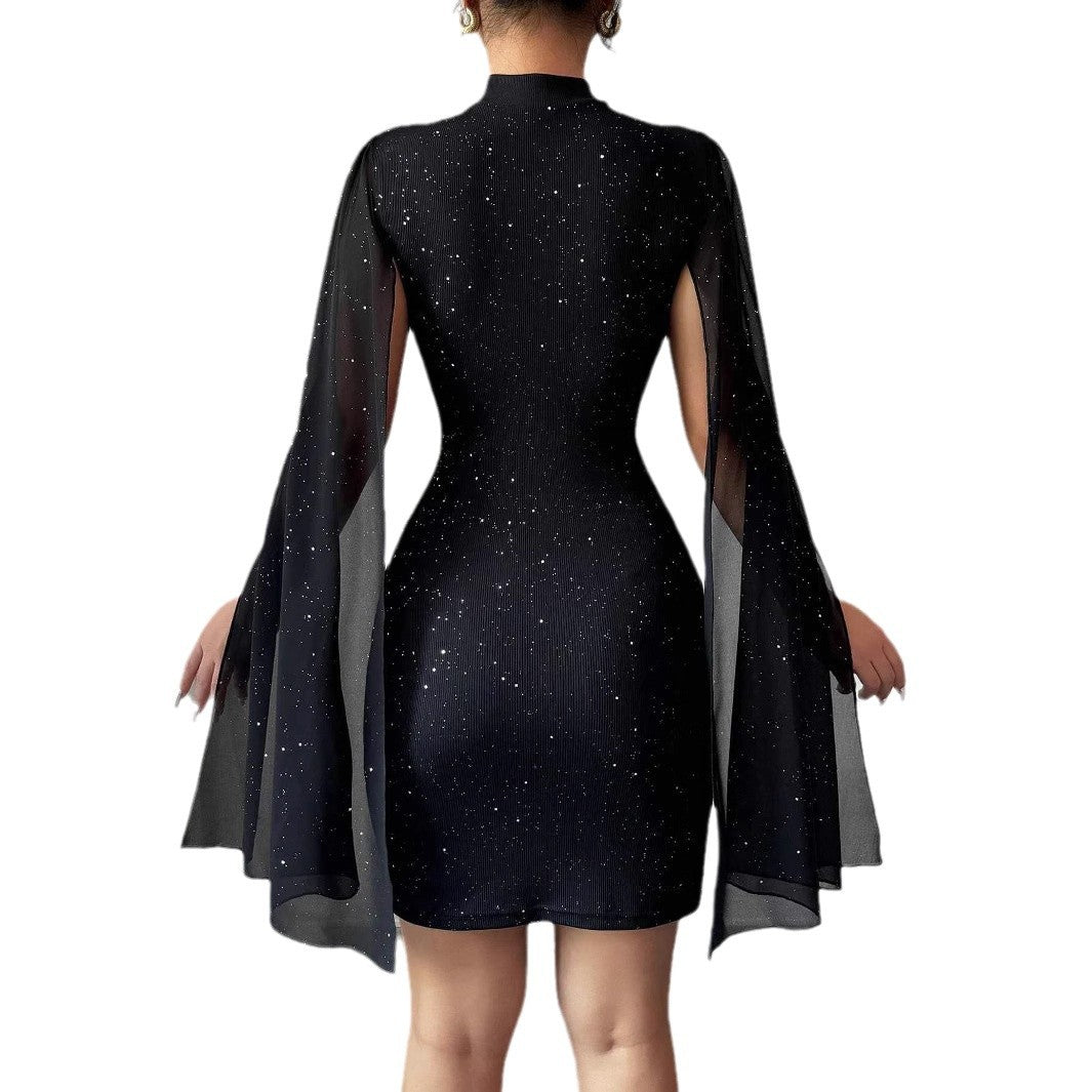 Robe à col roulé imprimé brillant manches lanterne jupe à la hanche