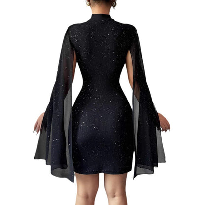 Robe à col roulé imprimé brillant manches lanterne jupe à la hanche