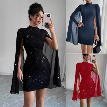 Robe à col roulé imprimé brillant manches lanterne jupe à la hanche