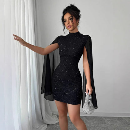 Robe à col roulé imprimé brillant manches lanterne jupe à la hanche