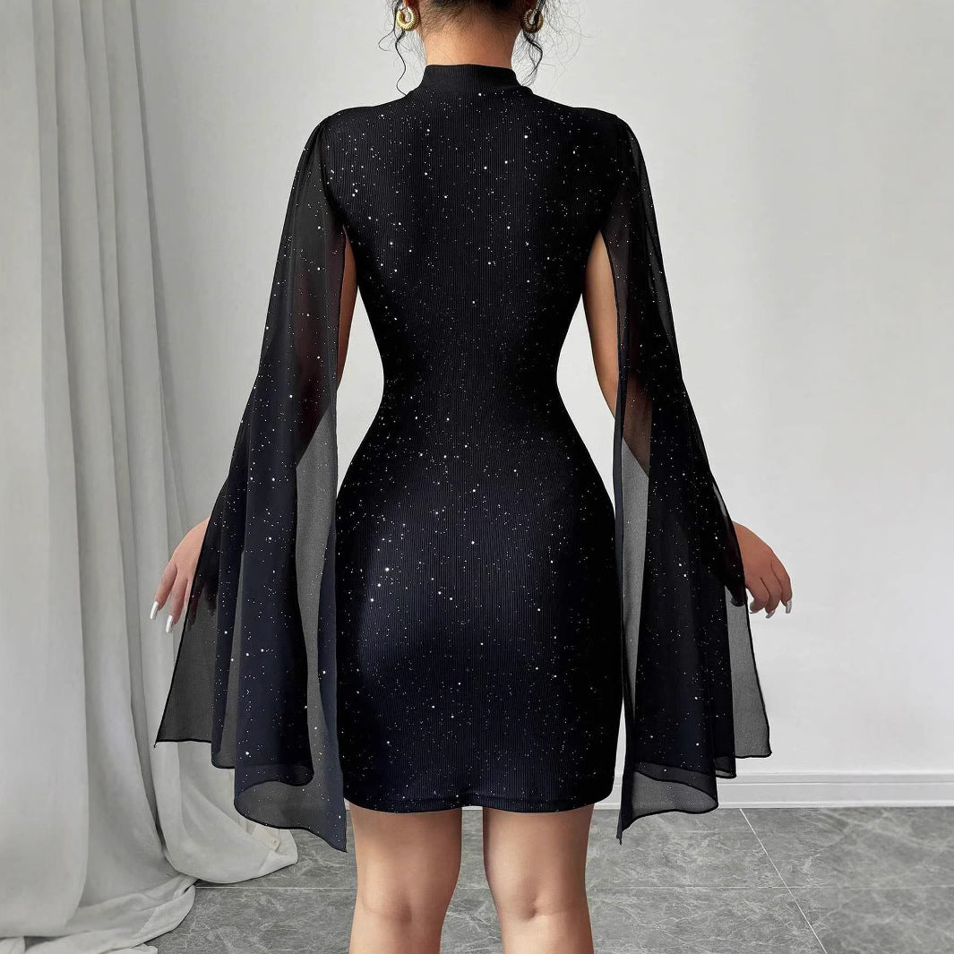 Robe à col roulé imprimé brillant manches lanterne jupe à la hanche
