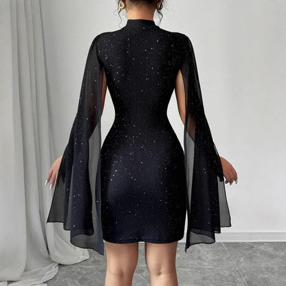 Robe à col roulé imprimé brillant manches lanterne jupe à la hanche