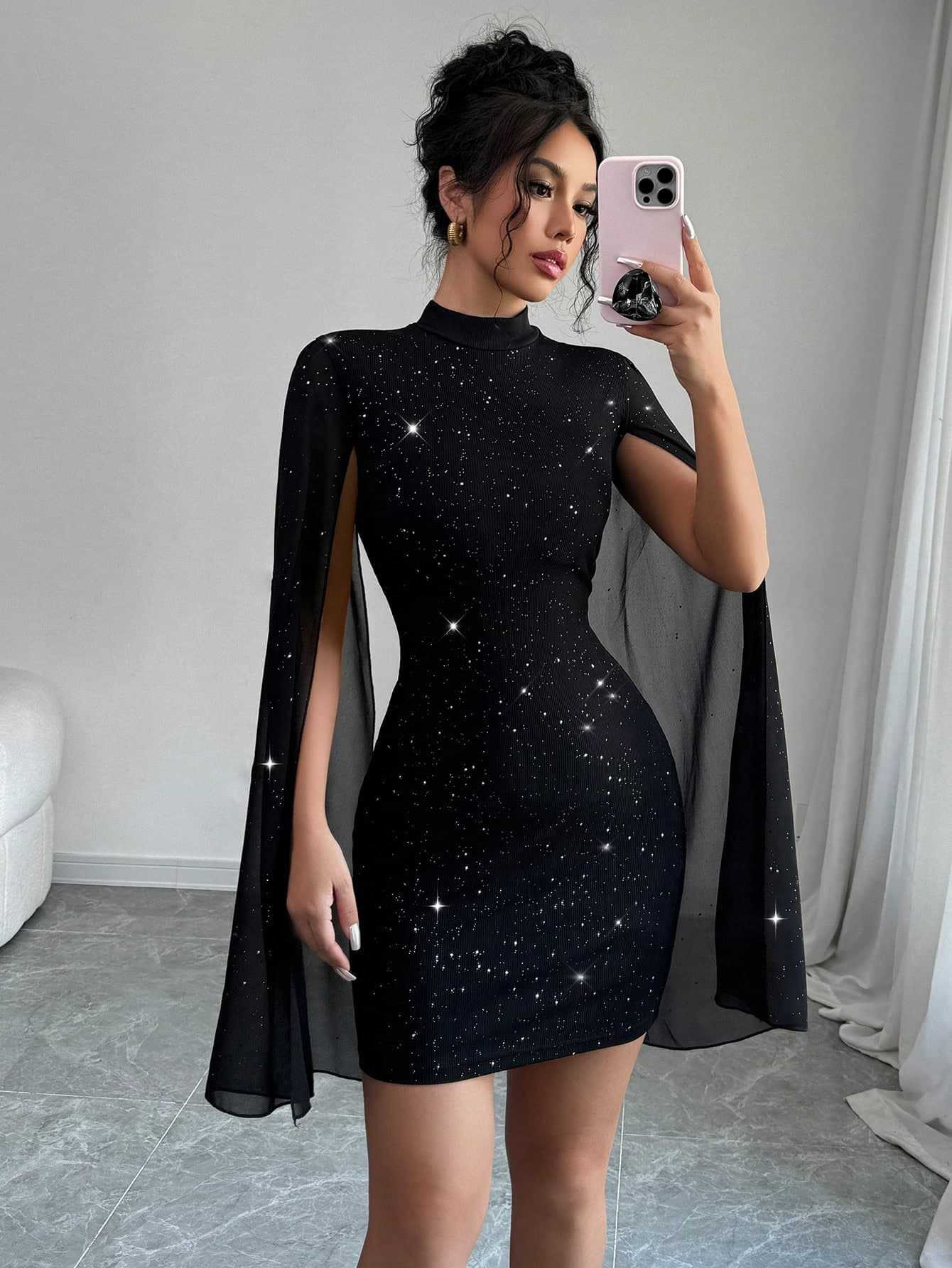 Robe à col roulé imprimé brillant manches lanterne jupe à la hanche