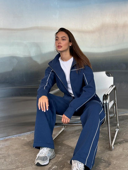 Ensemble décontracté : manteau pull zippé à manches longues et pantalon à rayures avec taille élastiquée