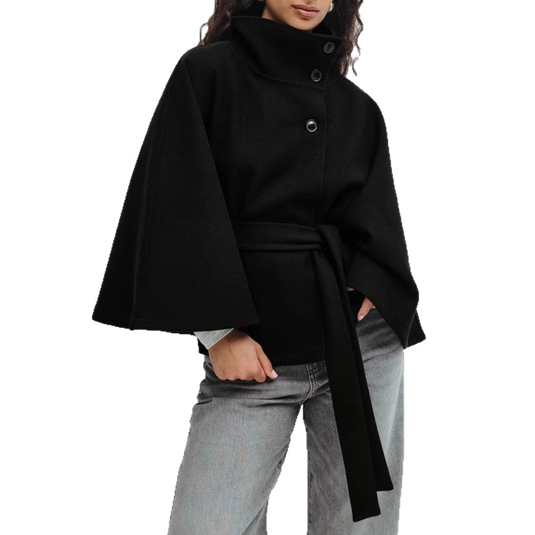 Manteau cape élégante de couleur unie à col montant pour femmes automne